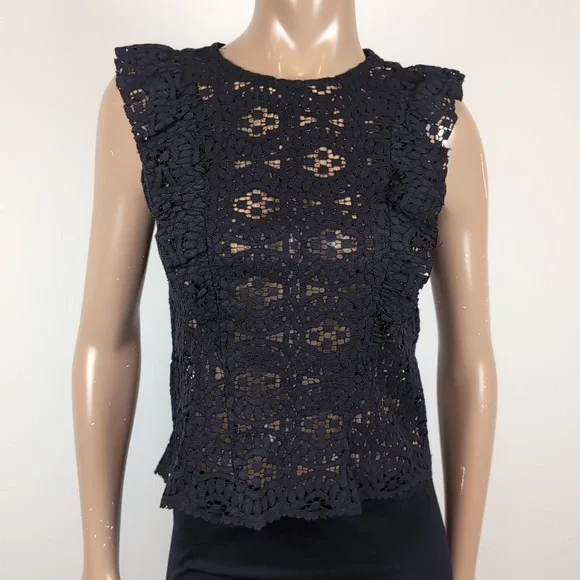 💙Zara Black Lace Pinafore Ruffle Blouse Top Sheer Crochet Flounce Trim Black - Picture 2 of 10
